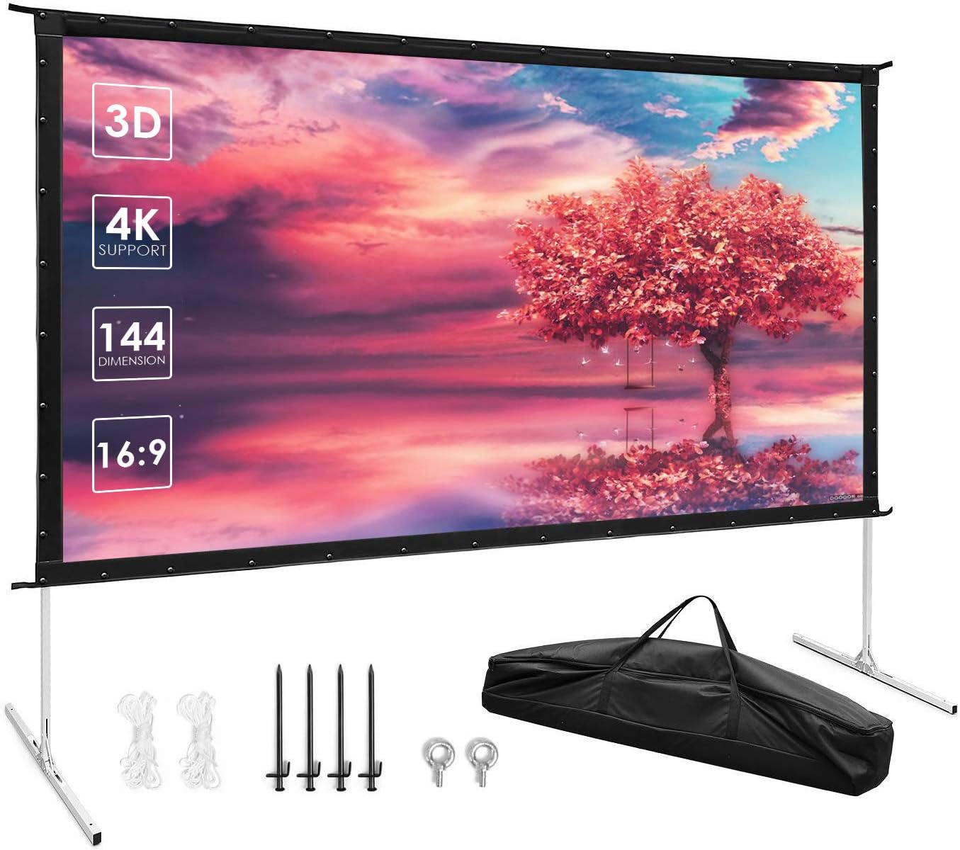 Outdoor Projector Screen with Stand - 144" 4K HD 3D Portable Movie Screen 16:9 TUSY Folding Projection Screens for Home Theater Gaming Cinema Backyard