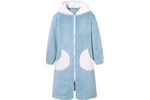 Funnycokid Girls Robe Kids Hooded Bathrobe Zip Fleece Fuzzy Soft Pajamas Plush Sleepwear 4-14 Years