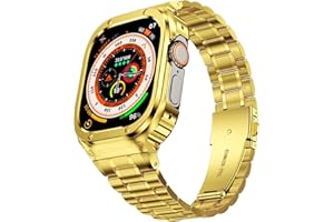 MioHHR Stainless Steel Watch Band with Case Compatible with Apple Watch Ultra 3 2 1(49mm), Rugged Strap with Metal Protective Bumper Cover for iWatch Band Men(Gold)