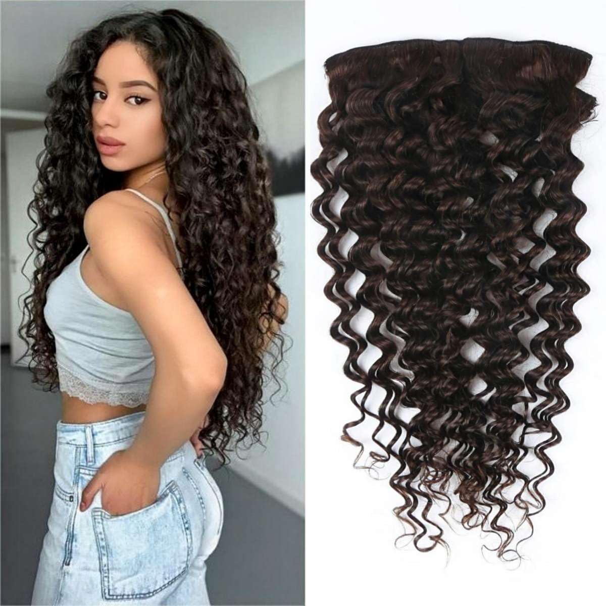 Sexycat Deep Curly Hair Extensions Clip in 14 Inch 8Pcs 100g Clip in Hair Extensions Real Human Hair, #2 Brown Color Water Wave Double Weft Hairpieces for Women — image 1