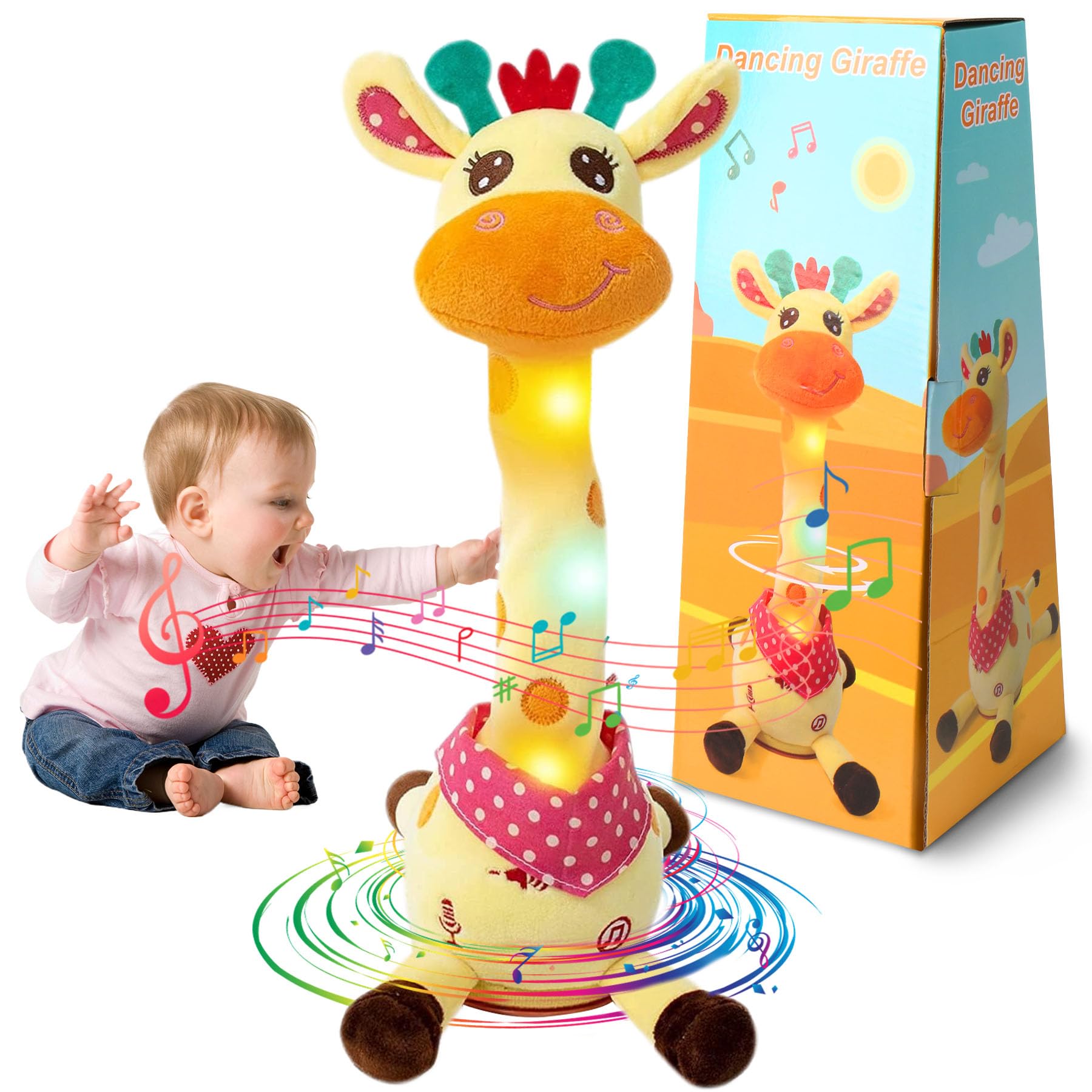 Photo 1 of MIAODAM Dancing Talking Giraffe Stuffed, Singing 10 Children's Song, Stuffed Baby Toy Repeats What You Say, Colorful Glowing Giraffe Plush Interactive Toys for Baby 1-3 Year