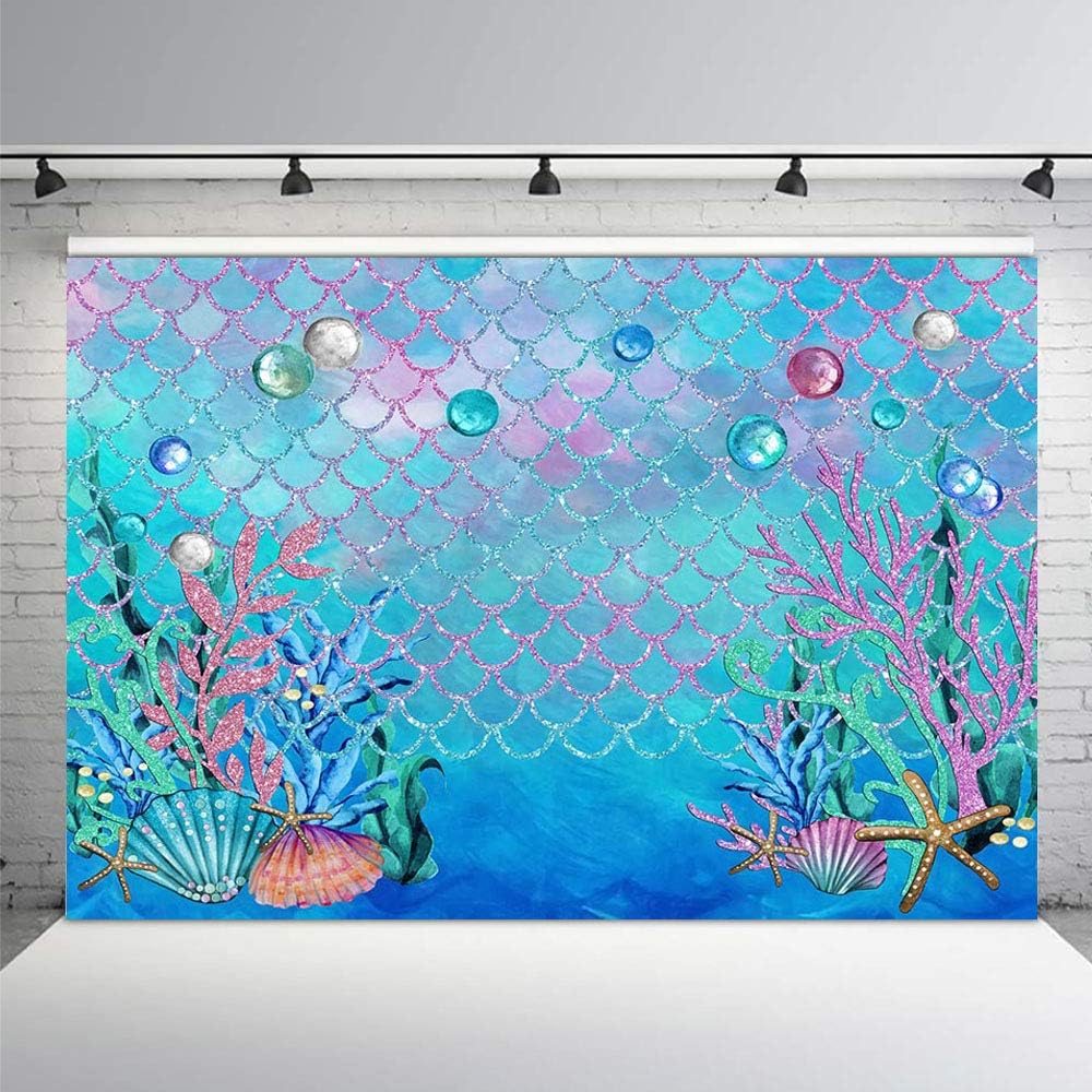 MEHOFOTO 7x5ft Under The Sea Blue Photography Backdrop Ocean Mermaid Theme Girl Birthday Party Decoration Pearls Starfish Shell Ocean Theme Baby Shower Photo Studio Booth Background Banner - Image 5