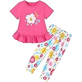 CARETOO Toddler Girl Clothes 2pcs Girl Spring Summer Outfit Ruffle Hem Short Sleeve Top and Floral Capri Pant 2-7 Years