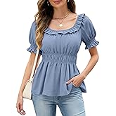 Womens Short Sleeve Babydoll Tops Square Neck Ruffle Peplum Blouse Smocked Loose Fit Tunic Top Dressy Tee Shirts