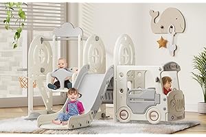 BIERUM 5 in 1 Toddler Slide and Swing Set, Baby Slide for Toddlers Age 1-3, Bus Themed Toddler Playset with Basketball Hoop, Indoor Outdoor Playground Beige Gray