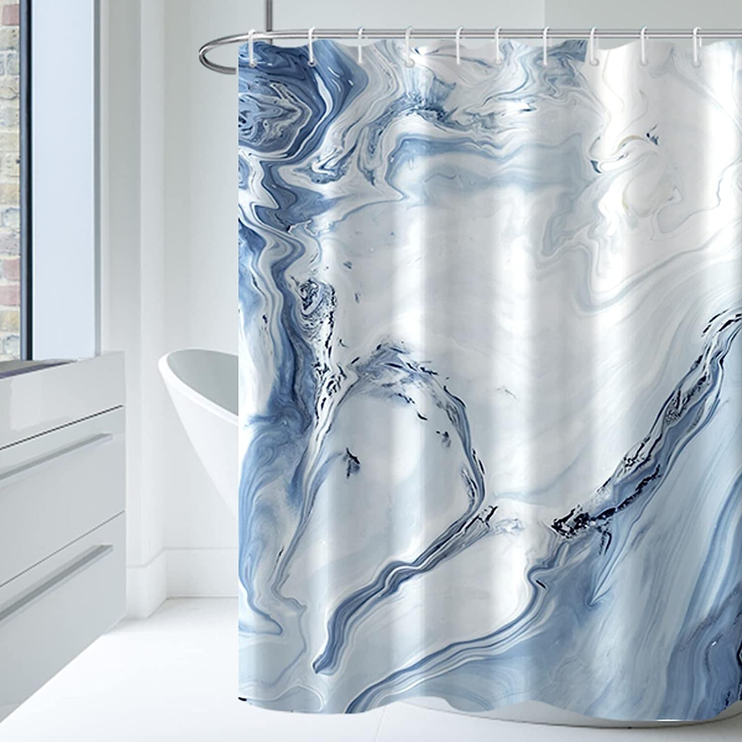MIRRORANG Small Stall Shower Curtain with 10 Hooks,Fabric Light Blue Marble Shower Curtain for Bathroom,60 x 72 Inch,100% Polyester — image 1