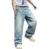 EMMIOL Men's Straight Leg Y2K Ripped Distressed Jeans, Baggy Jean Loose fit, Relaxed Skateboard Denim Pants with Holes