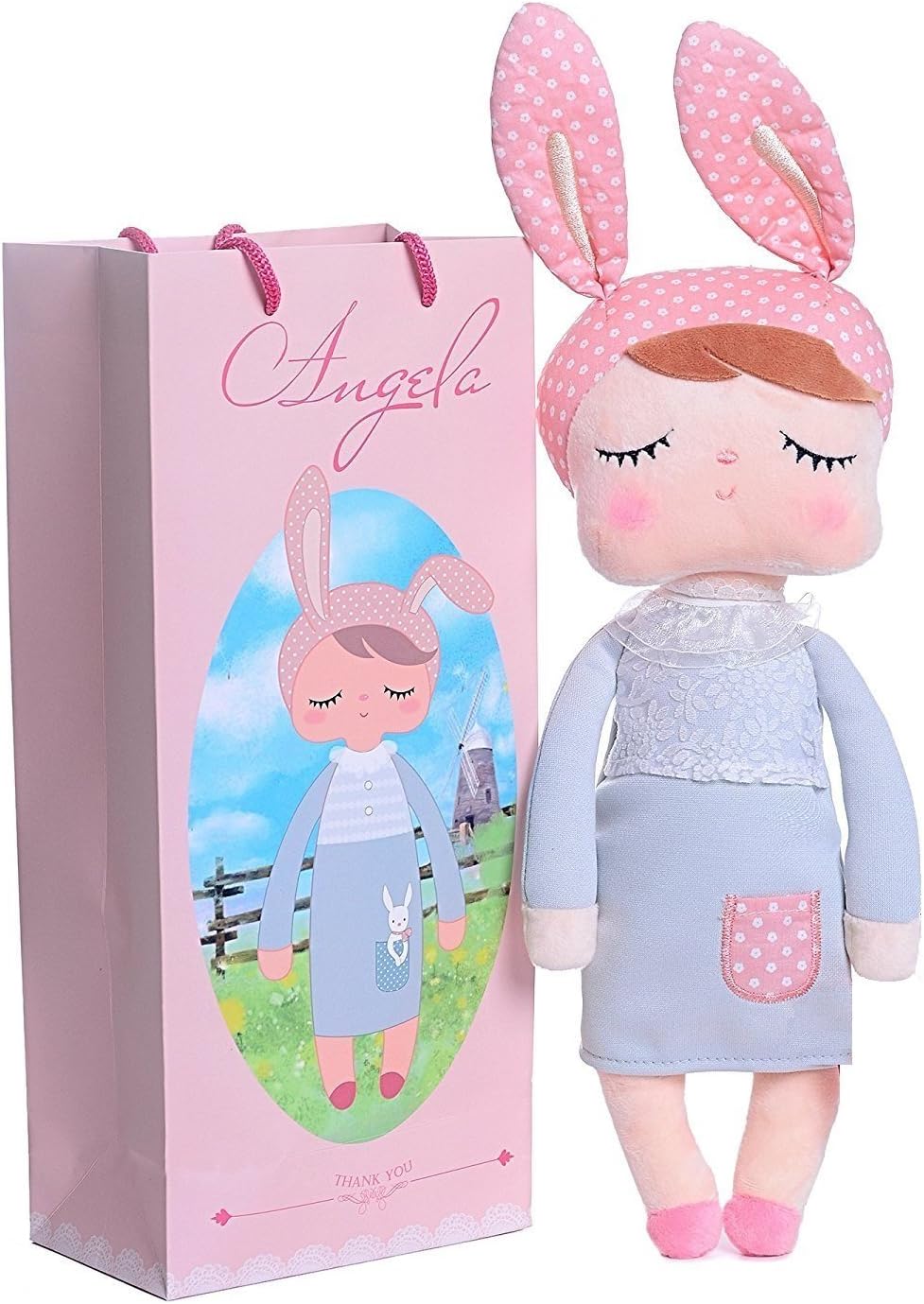 Tingyao Me Too Angela Stuffed Bunny Baby Plush Rabbit Doll Gifts for Girls 12 inches Gray Dress