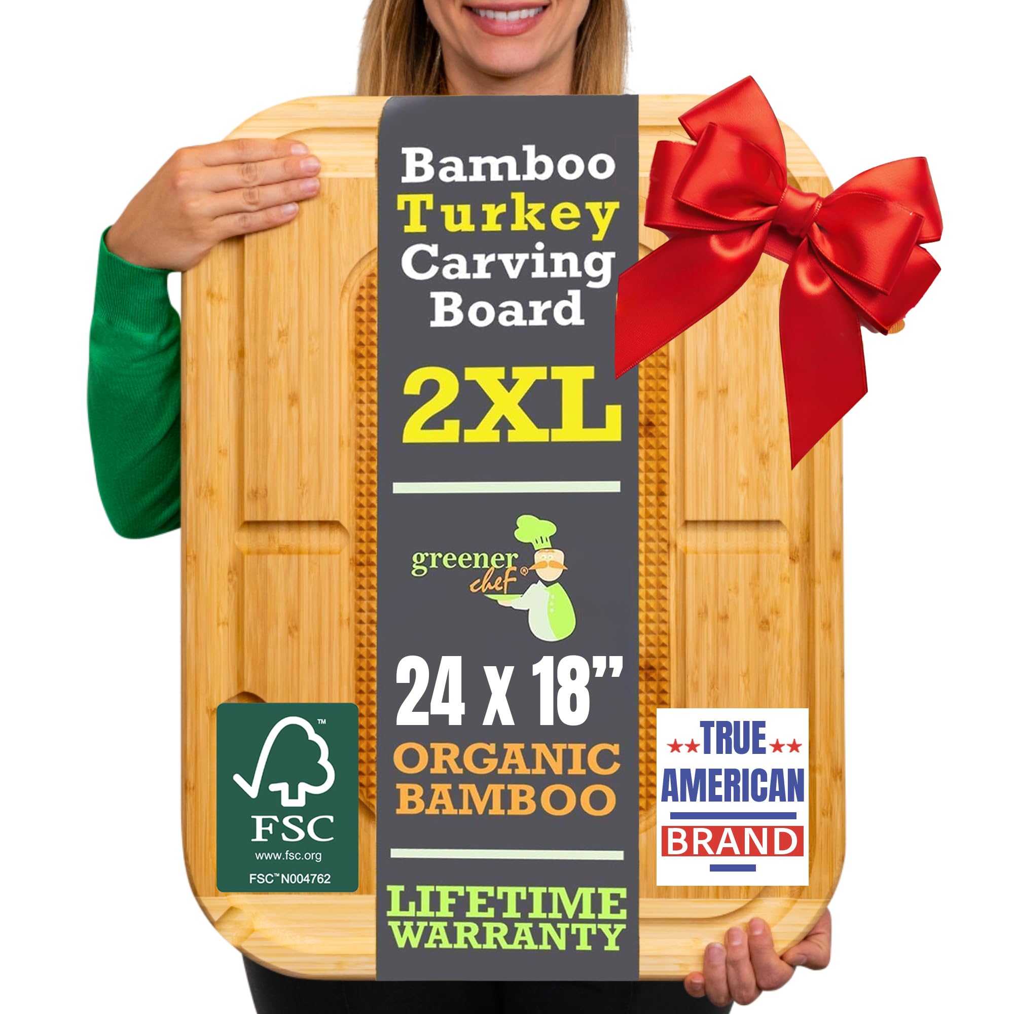 Photo 1 of 24 Inch Organic Bamboo Extra Large Carving Board with Lifetime Replacements - 2XL Meat Cutting Board and Wooden Butcher Block with Pour Spout, Turkey Platter for Thanksgiving Essentials