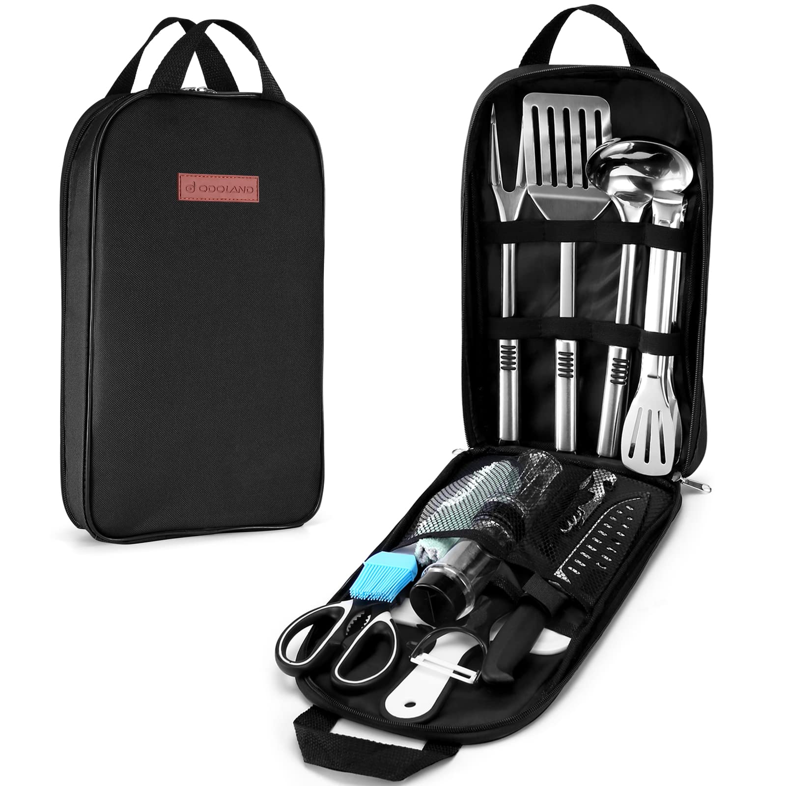 Odoland Camping Cookware Utensils Travel Set, Camp Kitchen Utensil Organizer, Cutting Board, Kitchen Scissors, Slotted Tongs Seasoning Bottle and Case for Backpacking, Outdoor Black