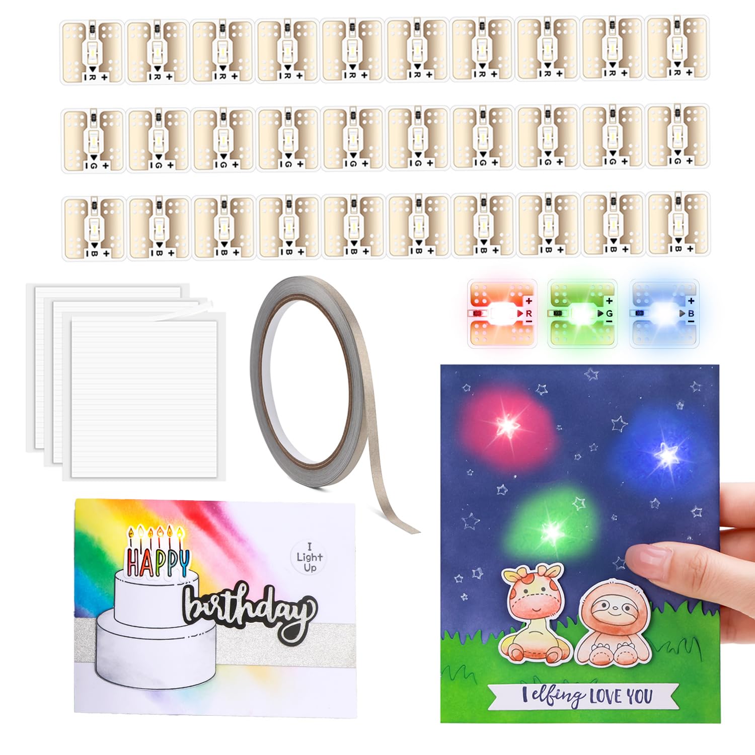 30 Pcs LED Circuit Stickers Light Craft Kit for Making Light-Up Cards Projects, with 1 Roll Conductive Tape and 3 Sheets Adhesive Foam Strips, Add Lights to Holiday Special Cards, Red Blue Green