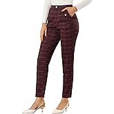 Allegra K Women's Vintage Tartan Plaid Pants Elastic Waist Straight Long Trousers