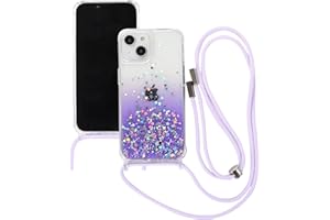 ELTIIGO for iPhone 14 Plus Strap Case with Crossbody Lanyard,Clear Glitter Shiny Bling Sparkle Shockproof Cover with Soft TPU Bumper, Adjustable Shoulder Neck String for Girls Women - Lavender