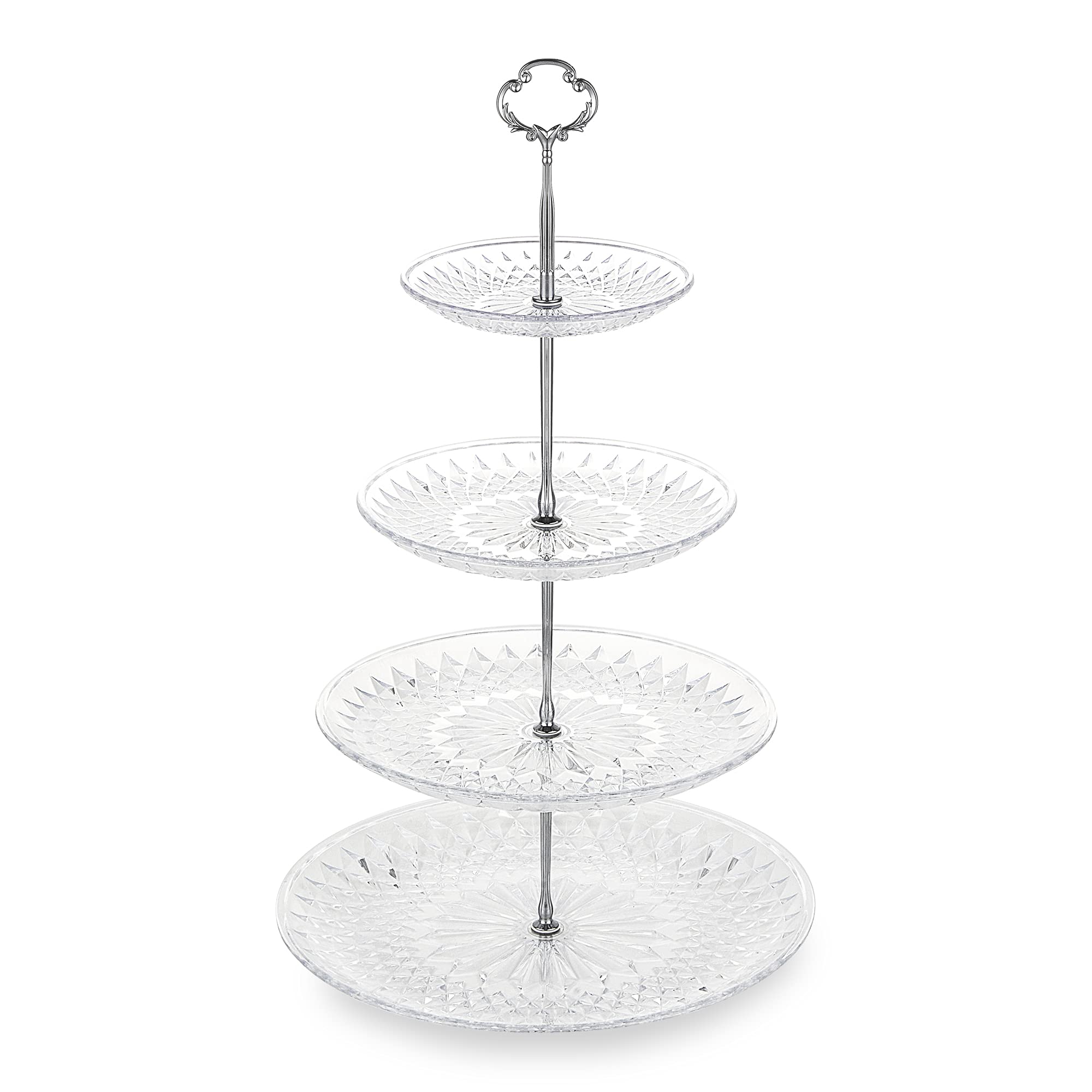 NWK 3/4-Tier Cake Stand with Clear Plastic Plates and Metal Struts Dessert Stable Tower Display Rack Serving Tray for Wedding Birthday Baby Shower Party Summer Afternoon Tea Silver