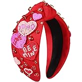 BSJELL Valentine's Day Headbands for Women Rhinestone Beaded Heart Headband Pink Red Crystal Knotted Headband Valentine's Day Hair Accessories Party Decor Gifts (Beaded Heart A)