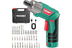HYCHIKA BETTER TOOLS FOR BETTER LIFE Cordless Screwdriver, HYCHIKA 4V 2.0Ah Electric Screwdriver Rechargeable Screw Gun & Bit Set, Front LED and Rear Flashlight, Ratchet Wrench, DC Charging with USB Cable, 36pcs Accessories