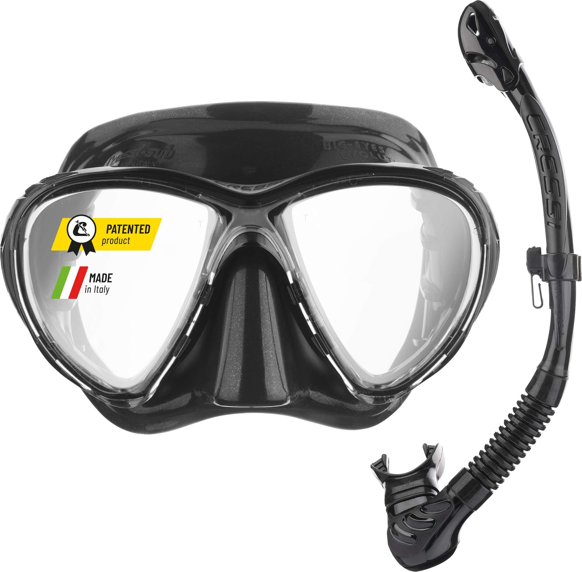 Cressi Big Eyes Evo & Alpha Ultra Dry Snorkel Set Adults - Silicone Snorkel Mask - Dry-Top Breathing Tube - Fit Diving Mask - Black/Black HD Mirrored Lens - Combo Set