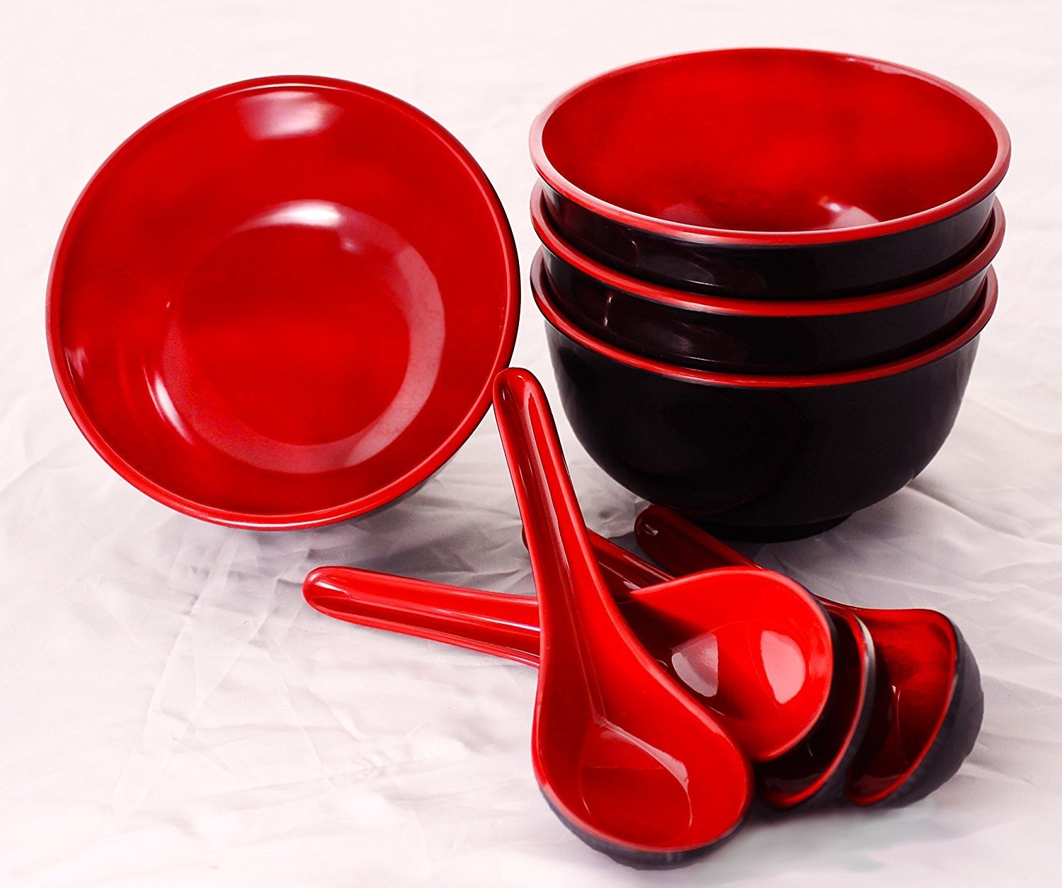 Chef Miso Set of 4 Melamine Noodle Soup Bowls and Spoons Red and