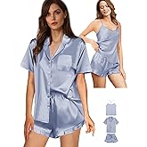 WJing Yi Jia Womens 3Pcs Satin Pajamas Set Ruffle Silk Pajama Sets XS-4XL Sexy Camisole Silky Sleepwear Loungewear Pj Sets