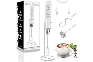 BSRGMS Milk Frother Handheld with Stand, Electric Whisk 3 Speed Adjustable, Drink Mixer with Stainless 3 Whisk, Rechargeable Hand Frother Wand, Foam Maker for Latte Cappuccino Hot Chocolate Egg White