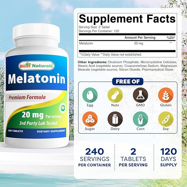 BEST NATURALS MELATONIN 20MG 240 TABLETS – DRUG-FREE NIGHTTIME SLEEP AID – NON-GMO & GLUTEN FREE