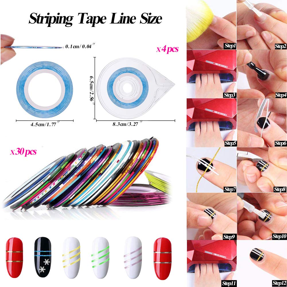 JOYJULY Nail Art Kit includes 30 Striping tape & 4Pcs Striping Roller Box & 12 Colors Rhinestones & 5pcs Dotting Pen & 15pcs Brush Set: Beauty
