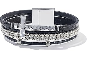 FANCY SHINY Cross Leather Bracelets Christian Jewelry Religious Gifts for Women Boho Wrap Cuff Bangle Bracelets with Magnetic Clasp