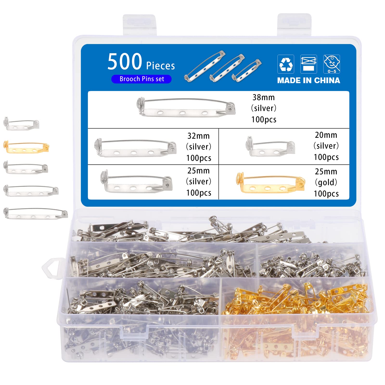 Kinsinder 500pcs Safety Bar Pins, Brooch Pin Tone Pin Back Clasp Brooch Safety Pins for Badge Bars Making, Toy Pins, Jewellery Making