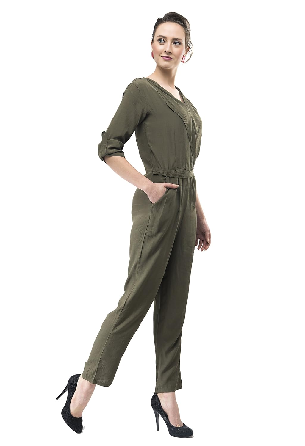 v&m women's olive green roll up sleeves straight leg jumpsuit
