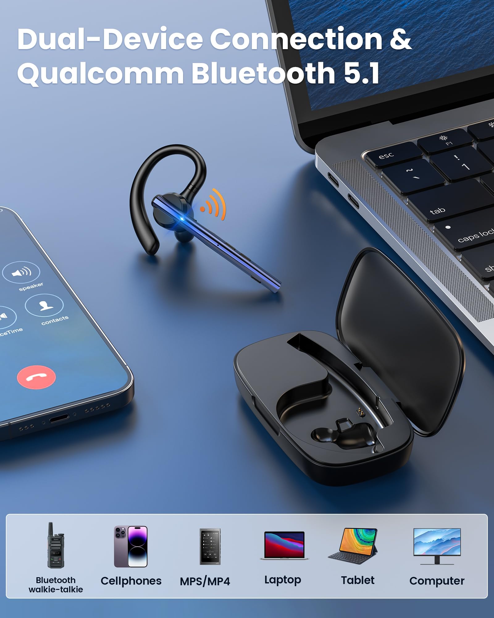 New Bee Bluetooth Headset V5.1 Bluetooth Earpiece Dual Mic with 500mAh Charging Case 72H Talk Time Wireless Hand-Free Headsets with Mute Button for Cell Phone Calls Driving Motorcycle Computer