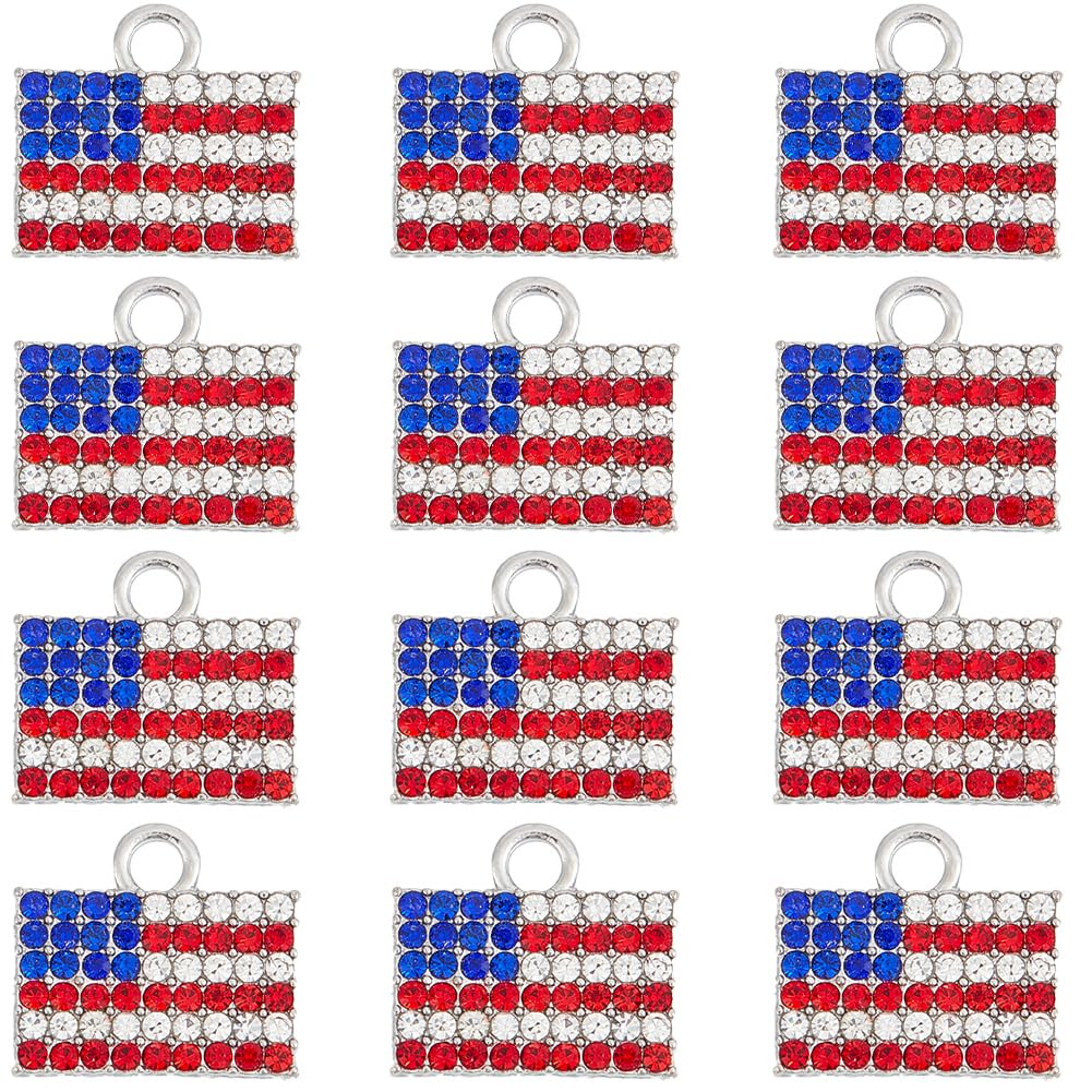 SUNNYCLUE 1 Box 18Pcs American Flag Charms Patriotic Charms Rhinestone 4th of July Independence Day USA Charm Rectangle Red Blue Flag Charm for jewellery Making Charms Earrings Bracelets DIY Craft