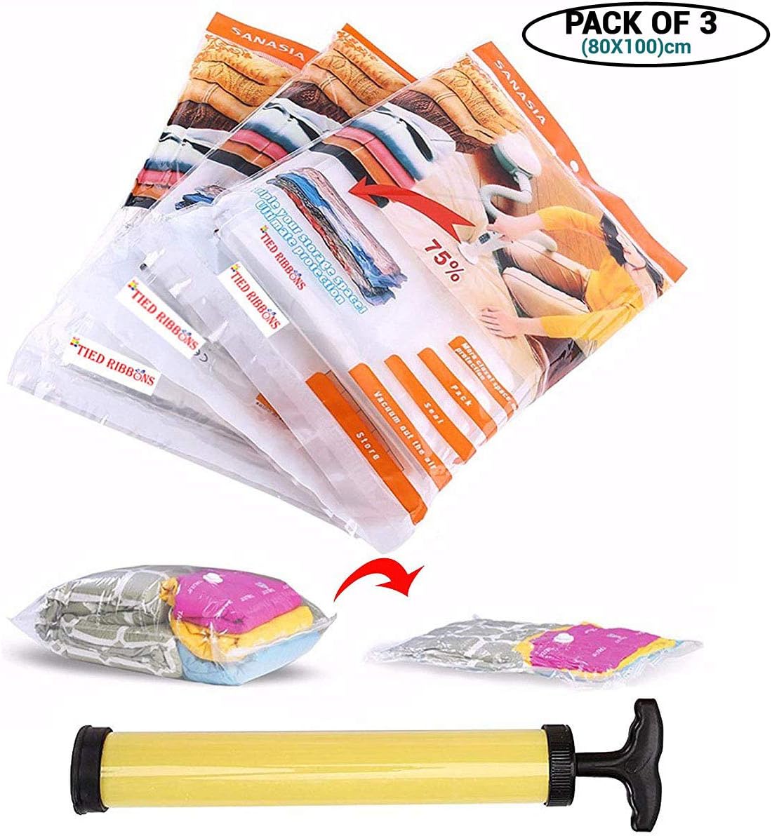 TIED RIBBONS Reusable Vacuum Compressed Space Saver Storage Bags Ideal for Clothes, Duvets, Bedding, Pillows, Curtains and Travelling Set of 3 (80 cm X 100 cm) Pump Included