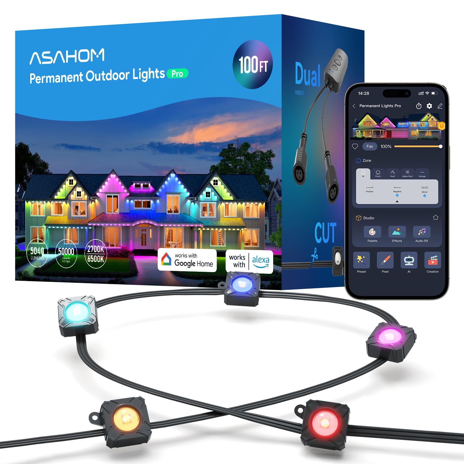 Photo 1 of ***LIKE NEW/OPEN BOX***
ASAHOM Permanent Outdoor Light Pro S108B, 100FT with 72 RGBCW 70lm LED, WLED Integration, AI Lighting, 30000 Lighting Effect Combination, IP67 Waterproof for Halloween Christmas and Daily Decor, Black