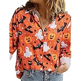 FLOYU Halloween Shirt for Women Hocus Pocus Long Sleeve Blouse Halloween Pumpkin Tee Hawaiian Button Down V Neck Tops