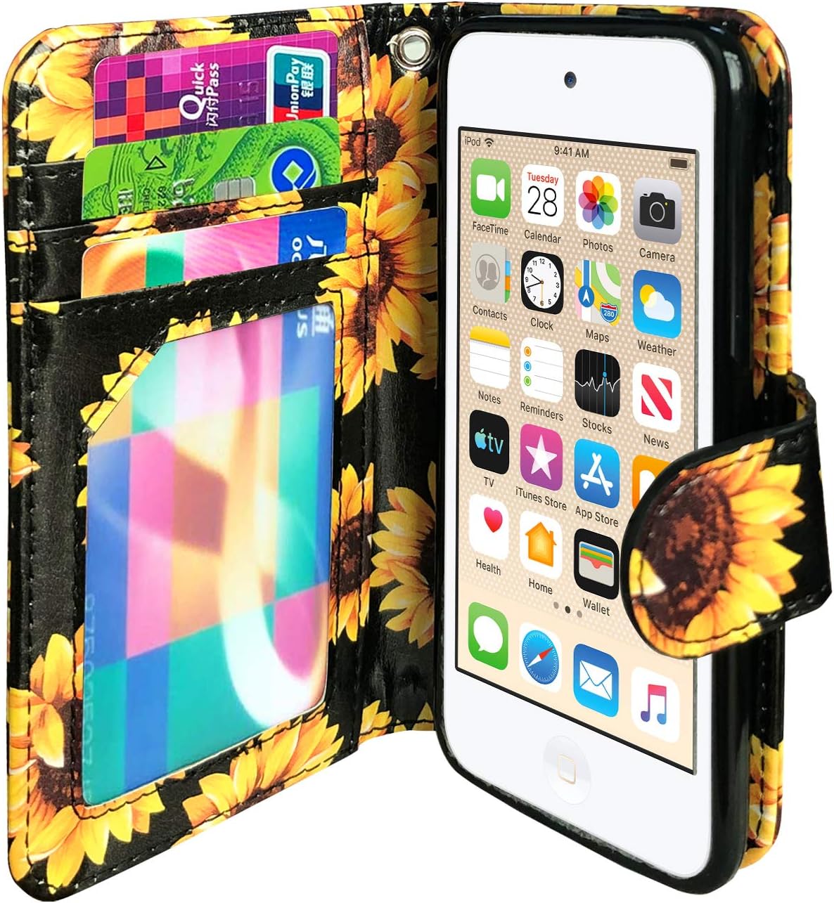 J.west iPod Touch 7th 6th 5th Generation Case, Sunflower iPod Touch Wallet case Magnetic Floral Faux Leather Flip Case Cover Heavy Duty Protection with 3 Cash Card Holder Kickstand and Wrist Strap