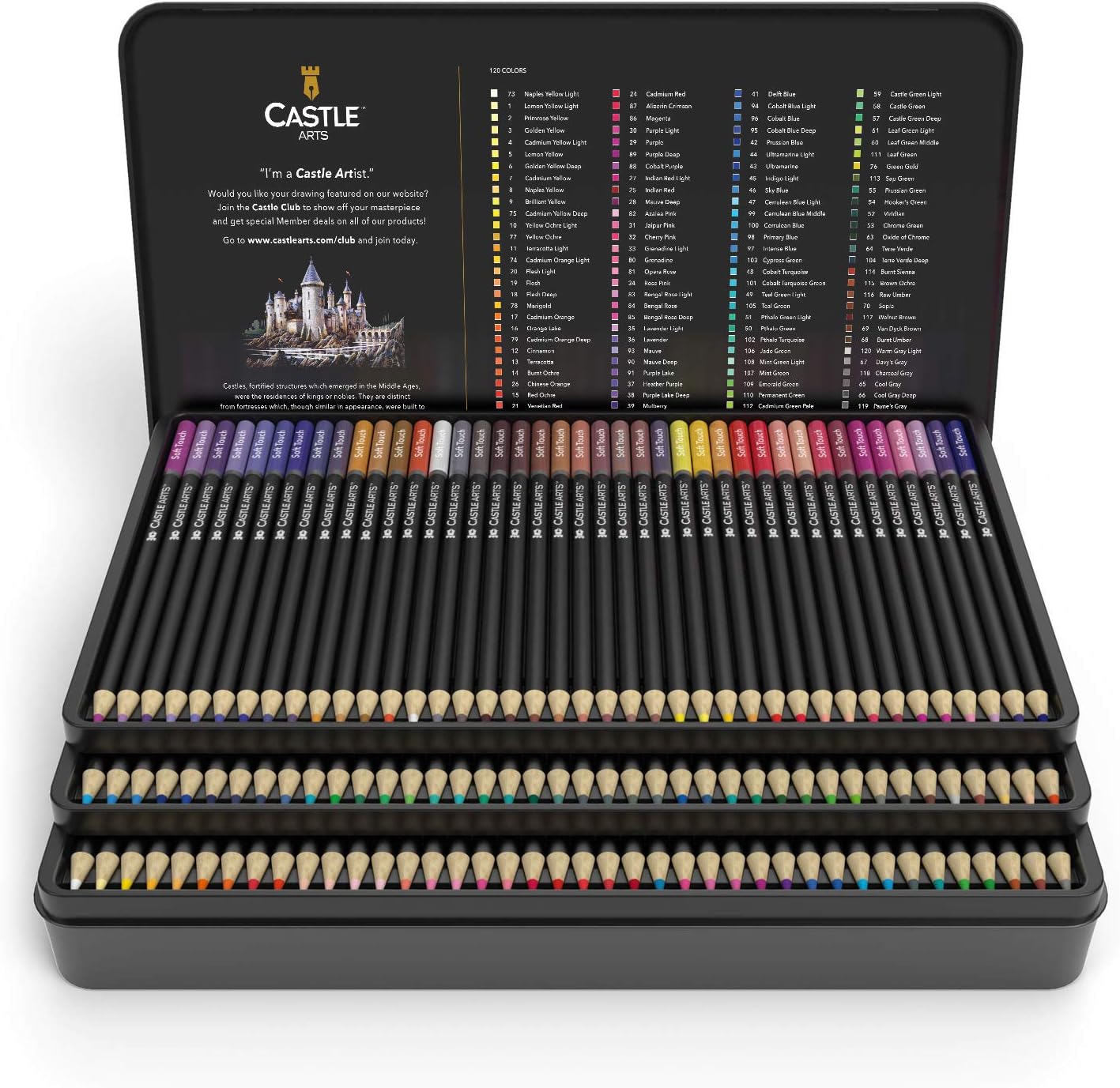 Castle Art Supplies 120 Colored Pencil Set for artists, featuring 'soft