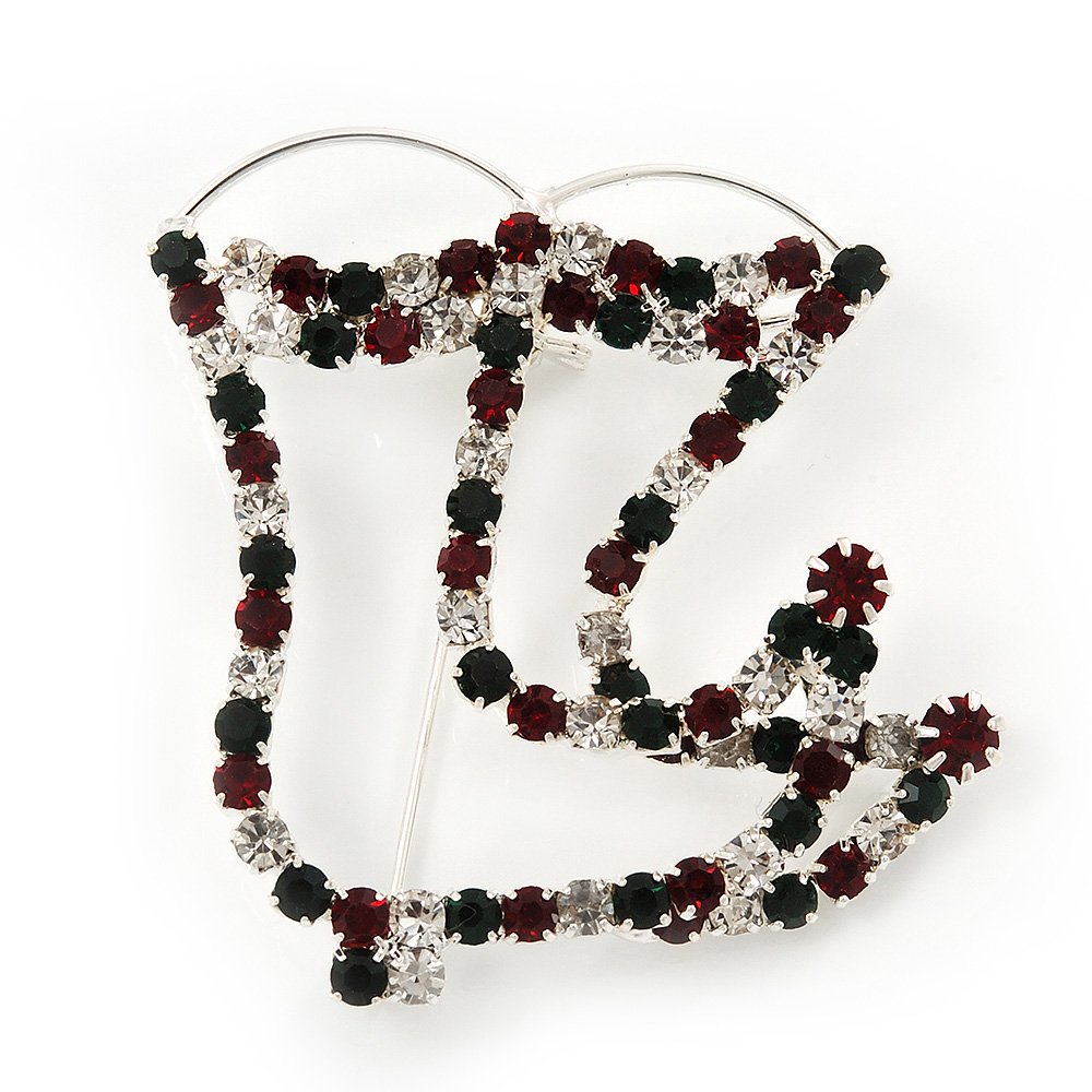 Funky Red/Green/Clear Diamante 'Christmas Stocking' Brooch In Silver Plating - 5cm Length