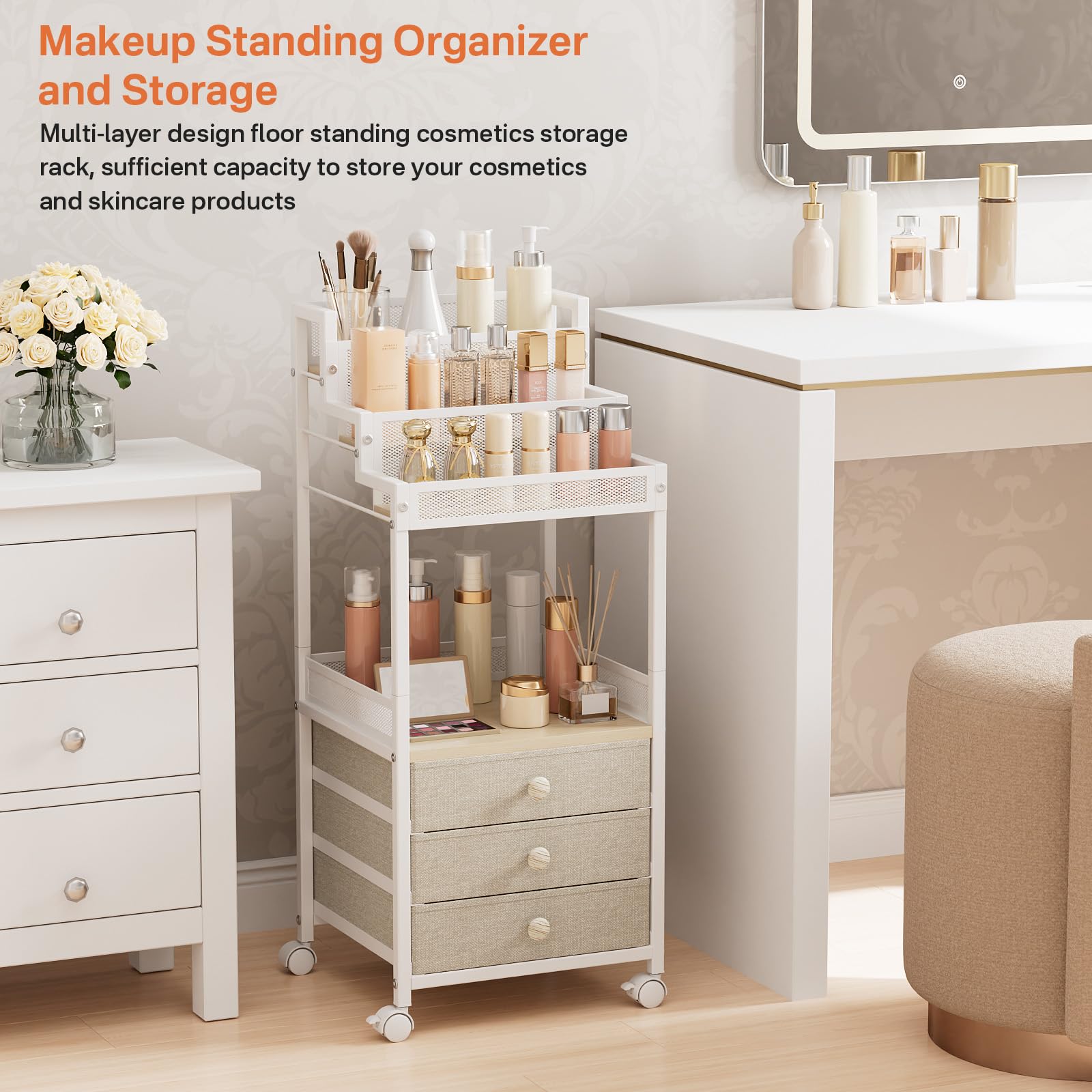 FURFUN Makeup Organizer Storage Cart with Drawers, Floor Rolling Skincare Vanity Organizer Mobile Cosmetic Display Case Stand for Makeup Brushes, Nail Polish, Perfume Organizer for Women Matte White