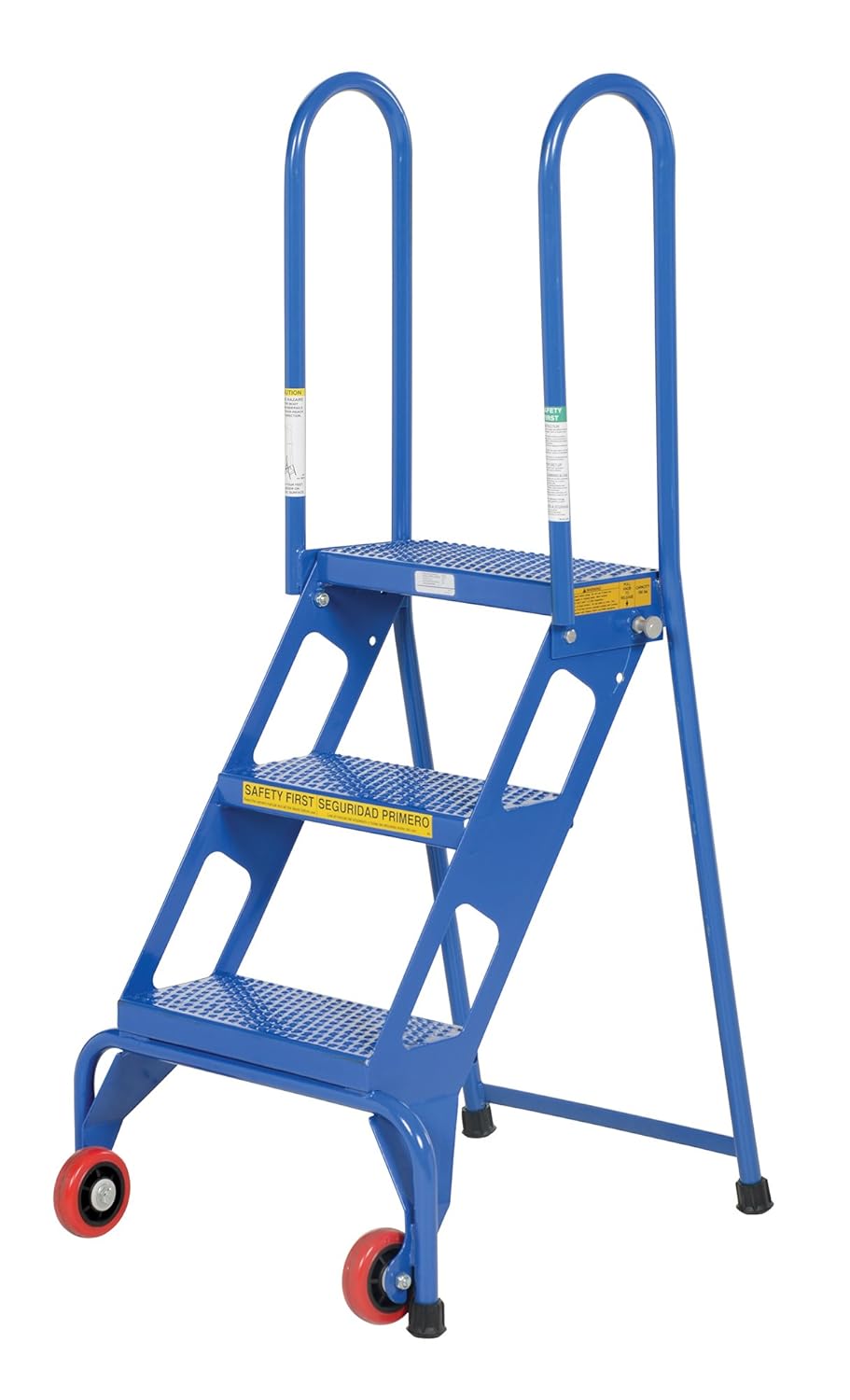 3 Step Ladder Steel Wheels Folding Guardrails Industrial Warehouse