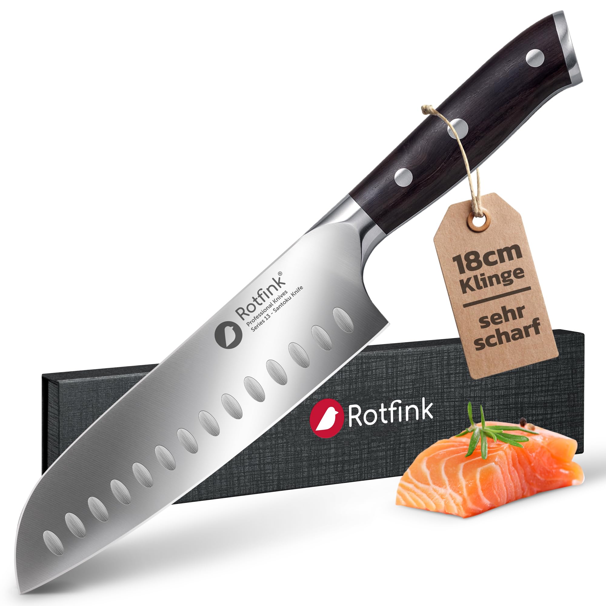 ROTFINK Santoku Messer 18 cm, Profi Küchenmesser scharf, Kochmesser, Fleischmesser, Edelstahl 56-58 HRC, ergonomischer Ebenholz-Griff, 15° Schleifwinkel, Geschenkbox, 10 Jahre Garantie