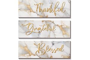 ONIZHITY 3Pcs White and Gold Bathroom Decor White Gold Wall Decor Thankful Grateful Blessed Quote Marble Style Versatile Home Art for Motivation Girls Bedroom Living Room Office (12x4”)