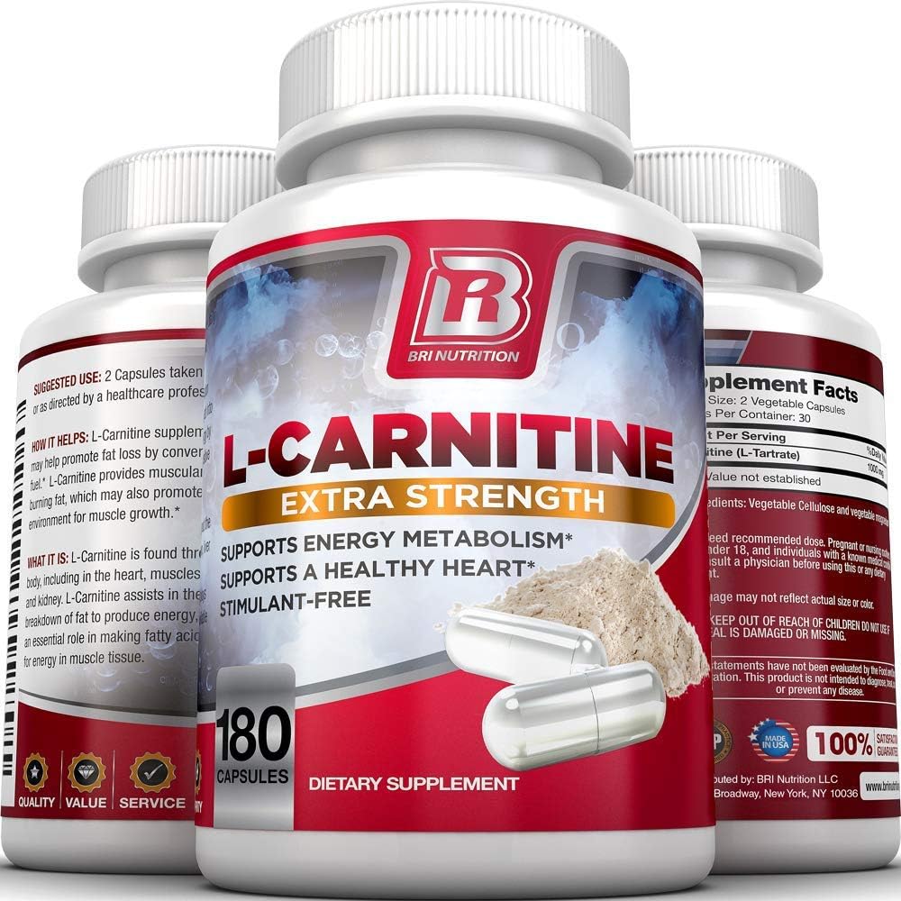 BRI L-Carnitine - 1000mg Premium Quality Carnitine Amino Acid Supports Athletic Performance, Stamina and Heart Health; Stimulant Free Vegetable Cellulose Capsules (180 Count): Health & Personal Care