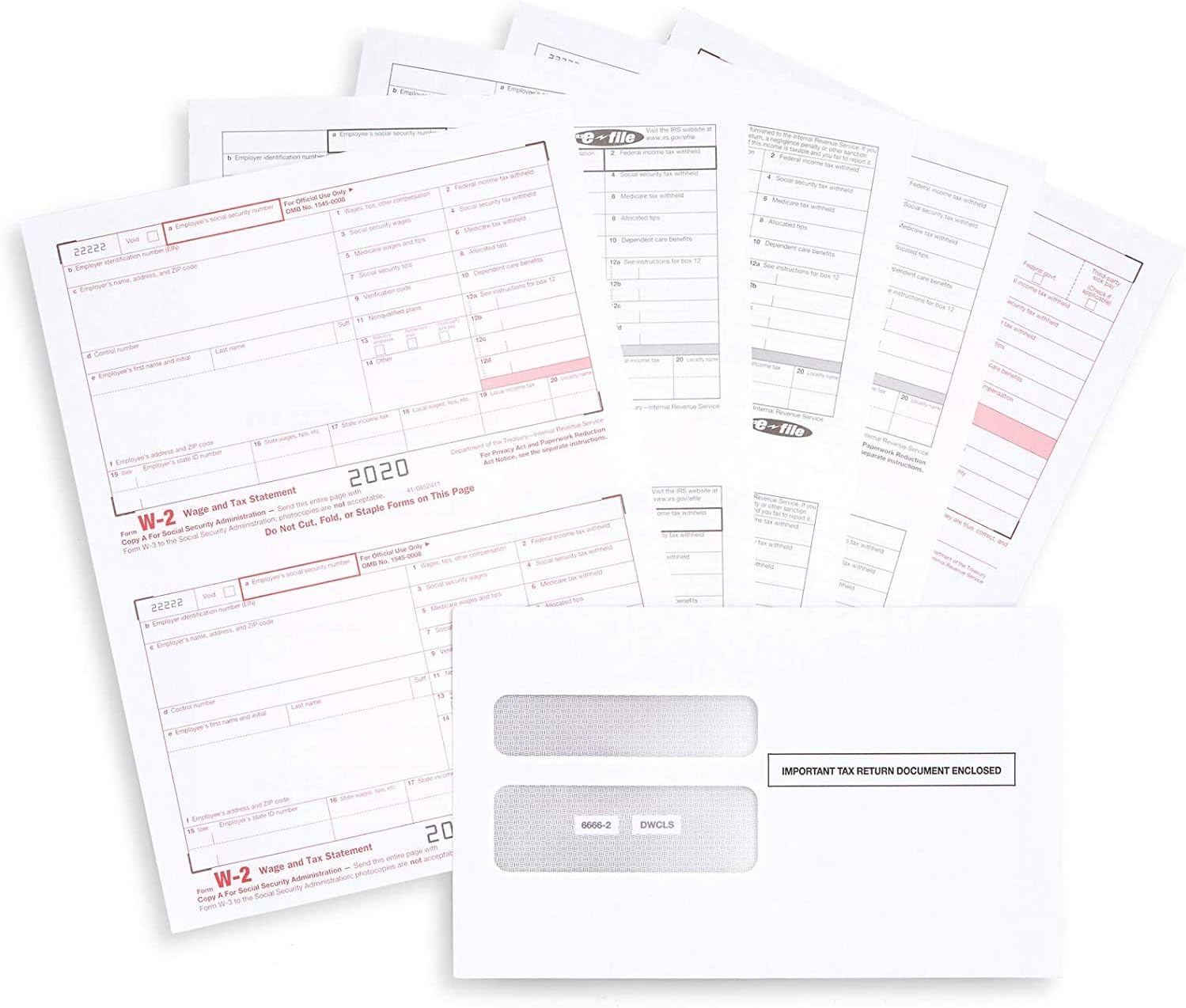 W2 Forms 2020 6-Part Kit Tax Forms for 25 Employees with Self-Seal Envelopes and W-3 Transmittal for QuickBooks and Accounting Software, 2020 W2 : Office Products