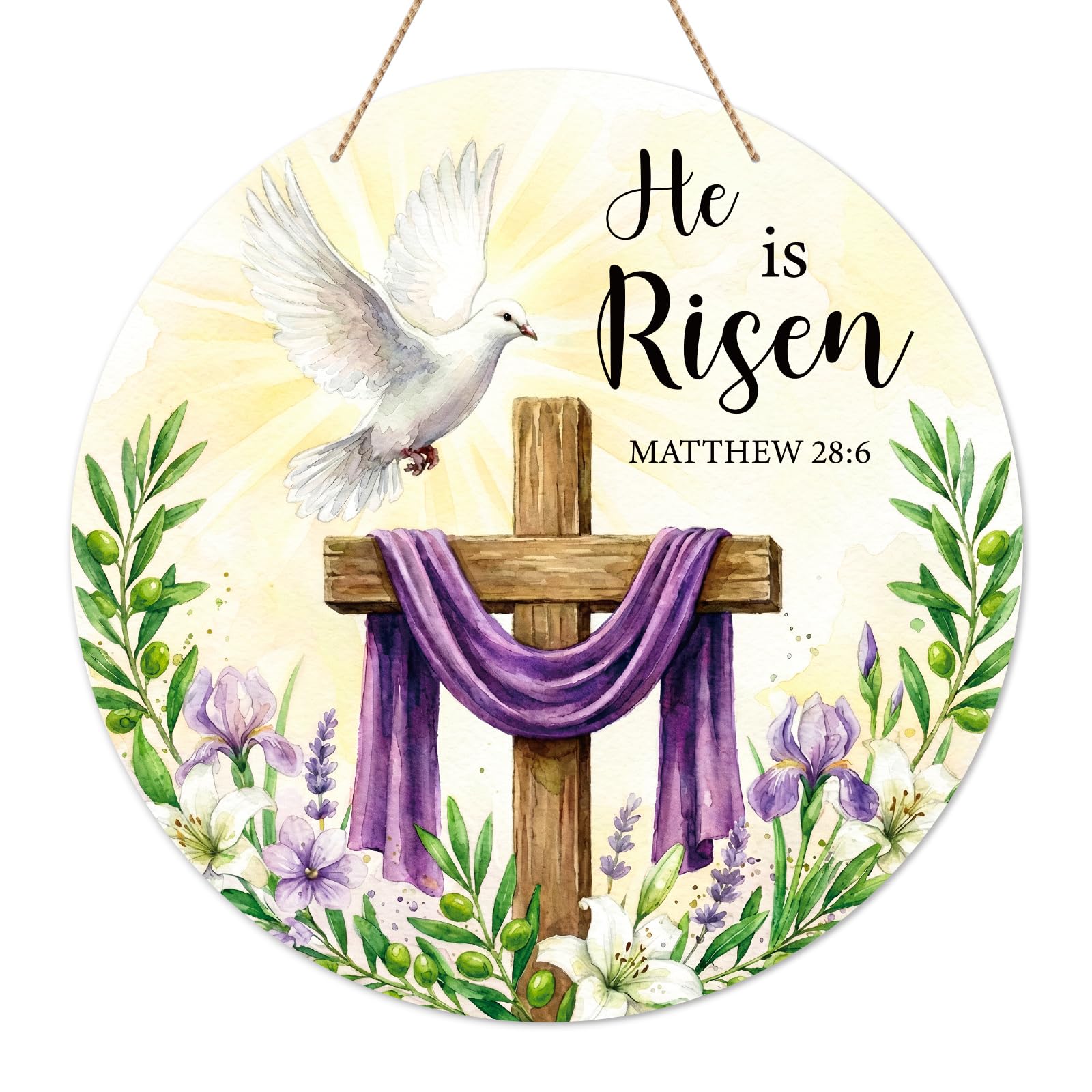 SICOHOME He is Risen Door Sign - 11.5" Christian Cross Sign Easter Wreath Front Door Decoration - Religious Easter Decorations for Home, Wall, Porach, Indoor Outdoor Farmhouse Party Spring