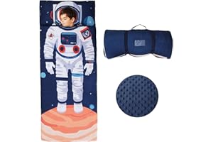 DECALSWEET Kids Sleeping Bag Toddler Nap Mat with Removable Pillow, Large Foldable Sleeping Bag for Girls Boys, Easy Clean Slumber Bag with Double Zip for Camping School Preschool Daycare, 59×24 inch