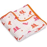 LollyBanks Muslin Baby Blanket 100% Organic Cotton, Muslin Quilt Lightweight, Western Girl Muslin Blanket, 6 Layers Baby Blankets 47"x 47", Soft Nursery Receiving Blankets (Pink Boot)