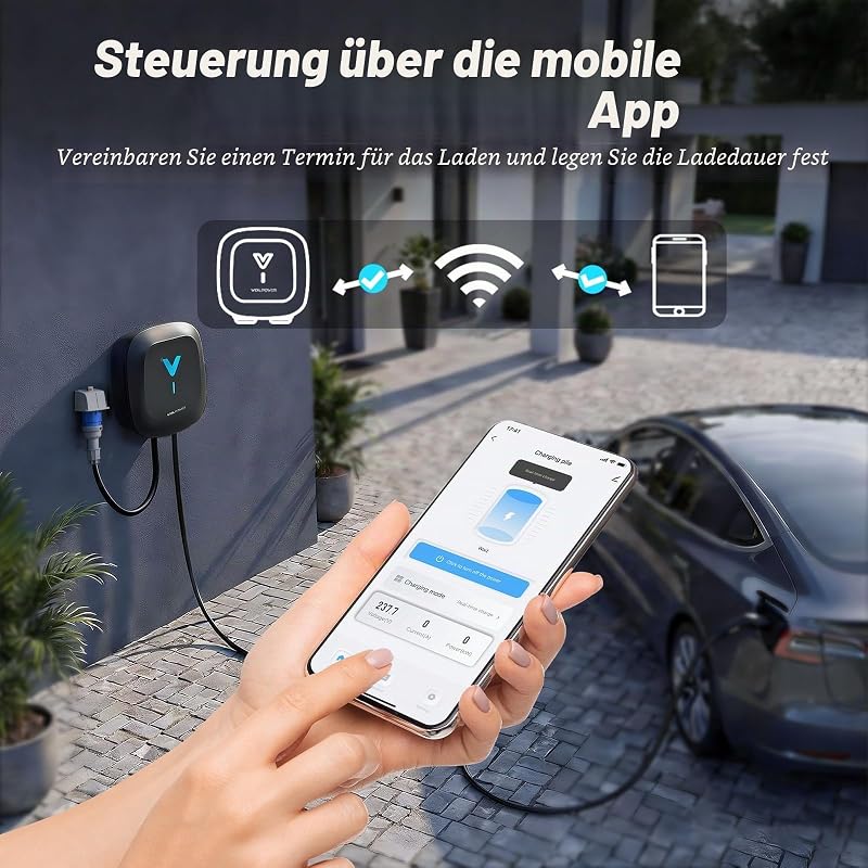 Wallbox 7.4kW mit APP, Typ 2 Ladekabel, 1-Phase 6-32A EV-Ladegerät, 6m Kabel mit Kabelhalter, RCD Typ A & IP67, Ladestation mit WLAN & Bluetooth, für Zuhause für BEV PHEV
