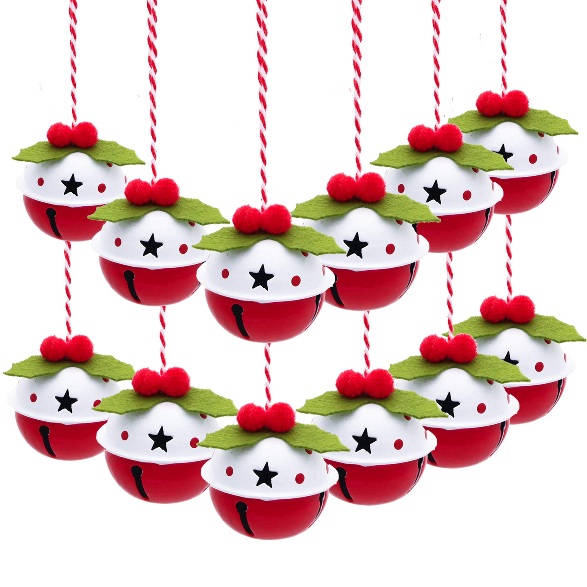 Valery Madelyn 12pcs Country Red Green and White Christmas Tree Decorations, Metal Christmas Jingle Bells, Xmas Hanging Pendants Ornaments with Hollow-carved Design — image 1