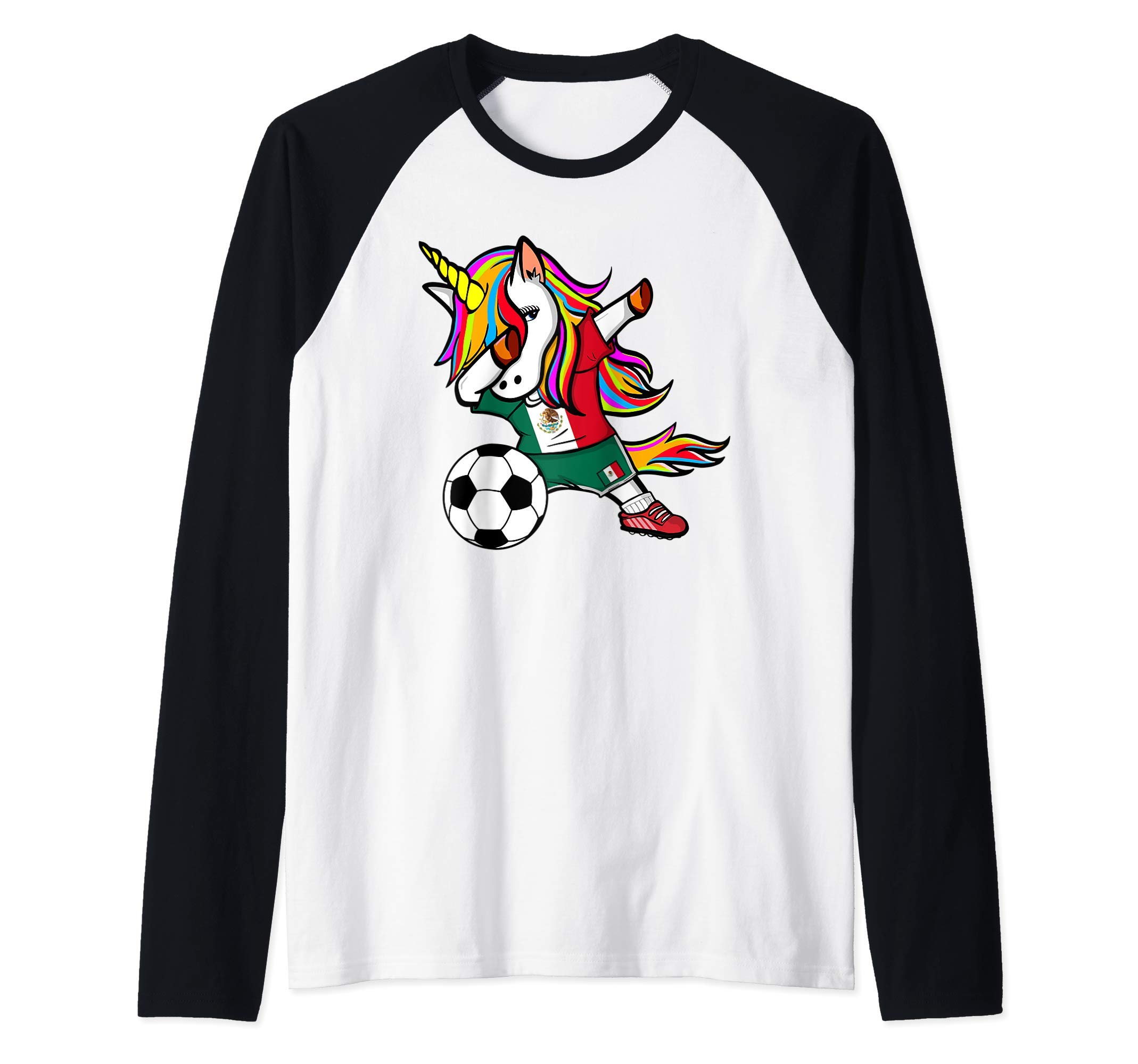 Funny Dabbing Unicorn Mexico Football - Mexican Flag Soccer Raglan Baseball Tee