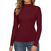 Mock Neck Tops for Women Long Sleeve Shirts Lettuce Trim Casual Slim Fit Tee Shirt Fall Layer Clothes Outfits 2025